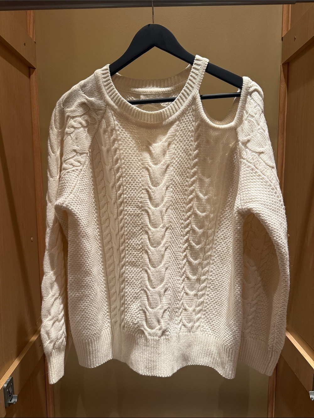 Cream Cable-Knit Cold-Shoulder Crewneck Sweater